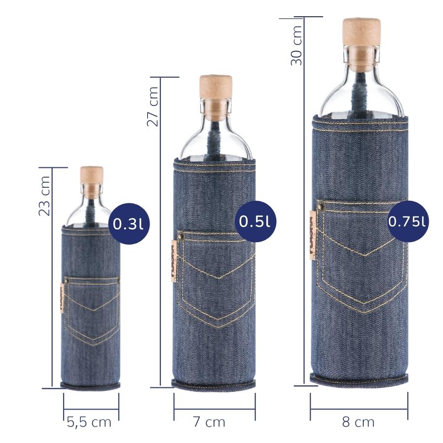 tamaños de botella reutilizable de vidrio flaska con funda de neopreno diseño vaquera