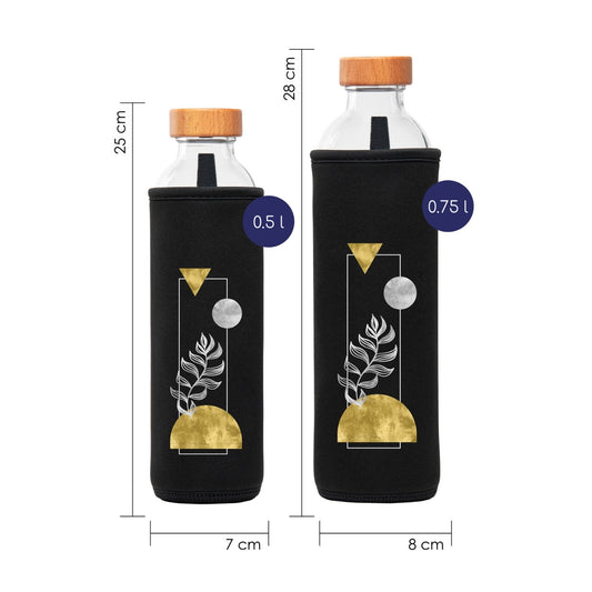 tamaños de botella de agua de cristal flaska con funda de neopreno negra y diseño formas universo