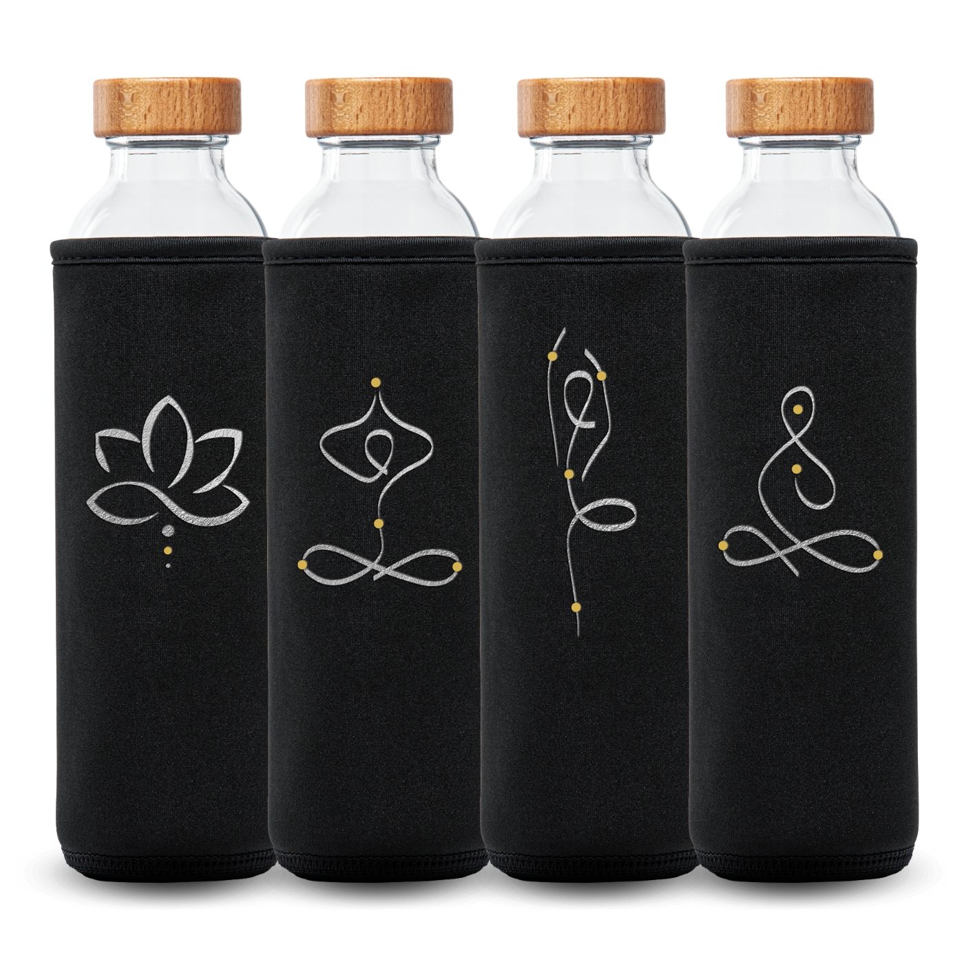 botellas de agua de cristal Flaska con tapón de rosca y funda protectora de neopreno con diseños de yoga