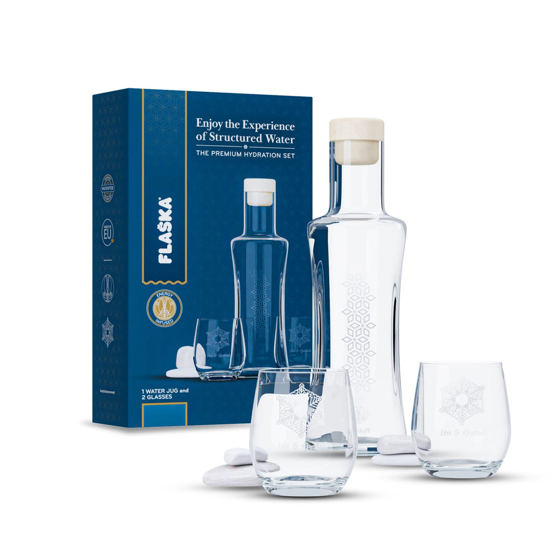 Pack Flaska con jarra Vodan de 1 litro, dos vasos Emoto Love & Gratitude y caja azul