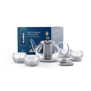 Set Flaska Tilia con tetera de vidrio, infusionador, cuatro tazas de doble pared y caja azul