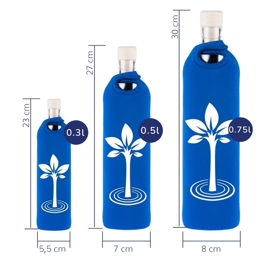 tamaños de botella reutilizable de vidrio flaska con funda de neopreno azul y diseño arbol de la vida