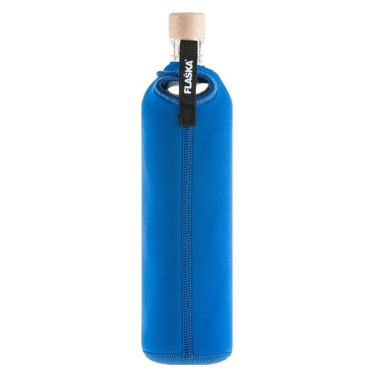 vista posterior botella reutilizable de vidrio flaska con funda de neopreno azul y diseño arbol de la vida