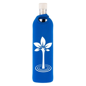 botella reutilizable de vidrio flaska con funda de neopreno azul y diseño arbol de la vida