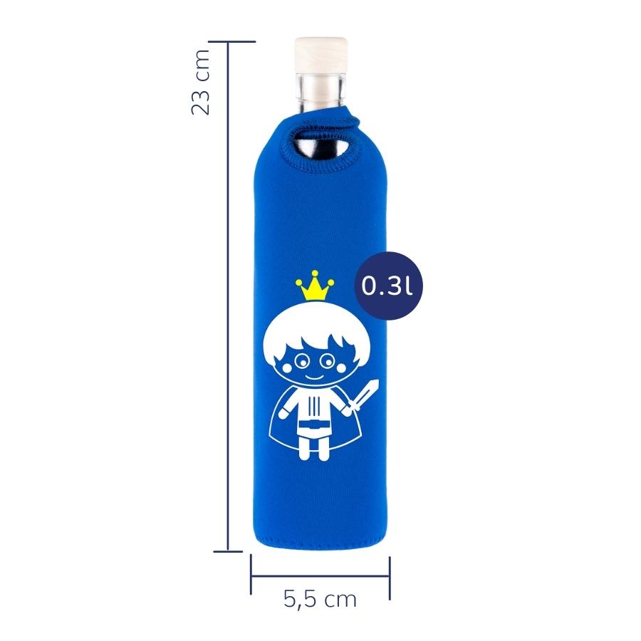 tamaños de botella reutilizable de vidrio flaska con funda de neopreno azul y diseño caballero
