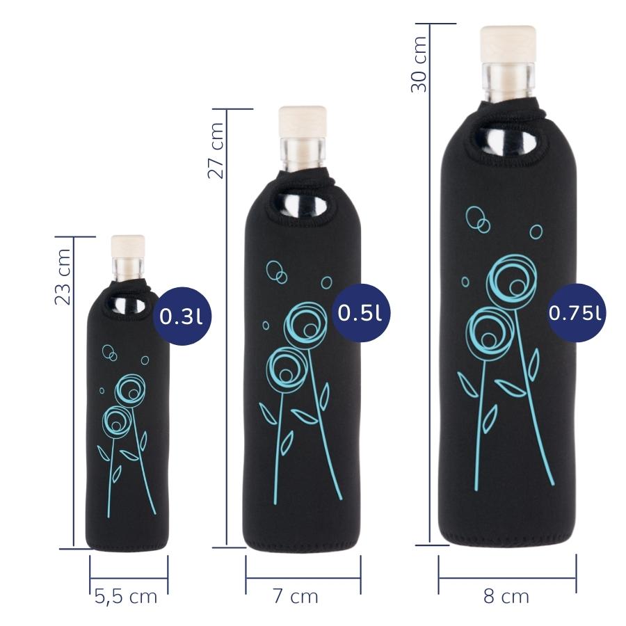 tamaños de botella reutilizable de vidrio flaska con funda de neopreno negra y diseño flor diente de leon