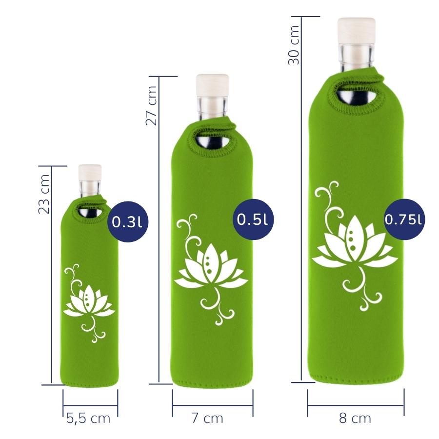 tamaños de botella reutilizable de vidrio flaska con funda de neopreno verde y diseño flor de loto