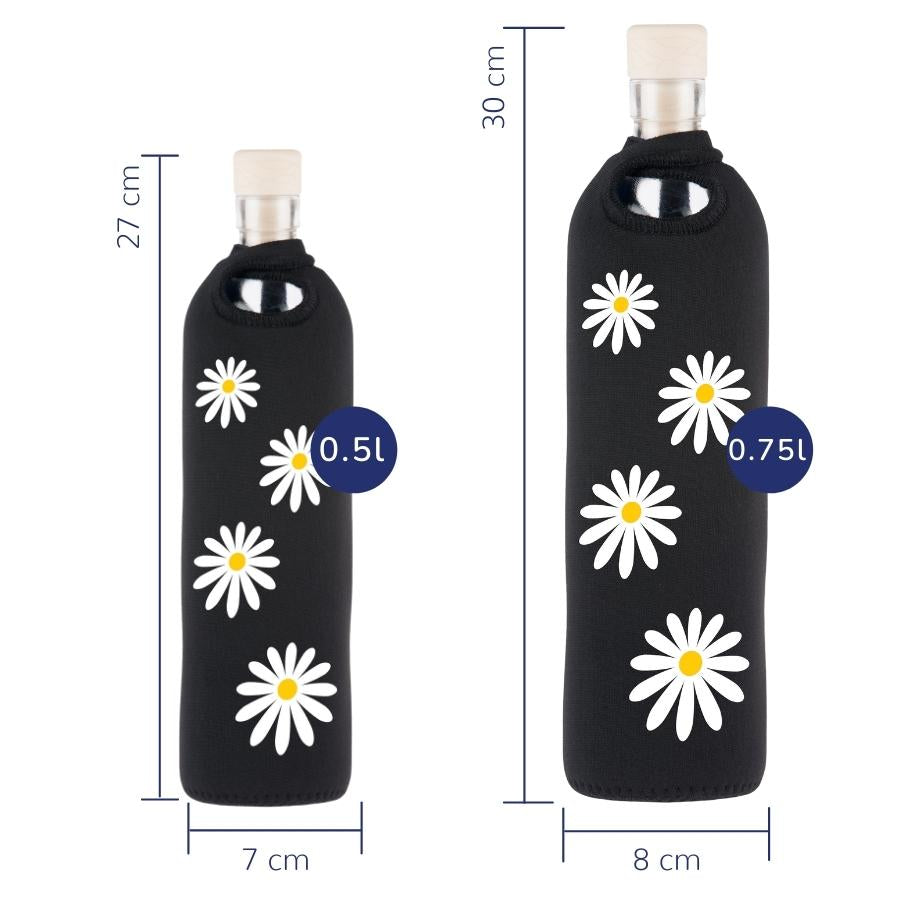 tamaños de botella reutilizable de vidrio flaska con funda de neopreno negra y diseño flores margaritas