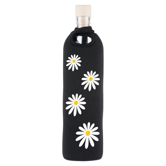 botella reutilizable de vidrio flaska con funda de neopreno negra y diseño flores margaritas