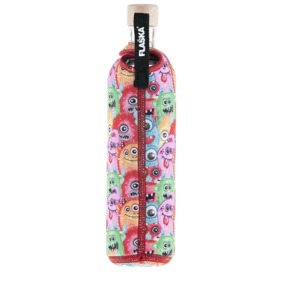 botella reutilizable de vidrio flaska con funda de neopreno diseño monstruos