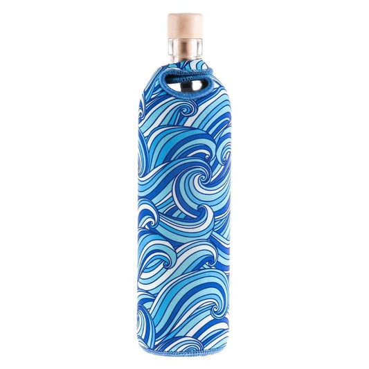 botella reutilizable de vidrio flaska con funda de neopreno diseño olas del mar azules