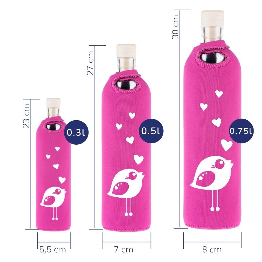 tamaños de botella reutilizable de vidrio flaska con funda de neopreno rosa y diseño pajarita enamorada