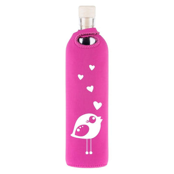 botella reutilizable de vidrio flaska con funda de neopreno rosa y diseño pajarita enamorada