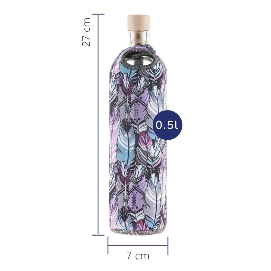 tamaños de botella reutilizable de vidrio flaska con funda de neopreno diseño plumas de coloress