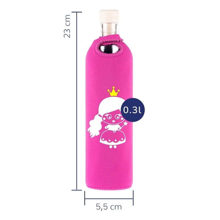 tamaños de botella reutilizable de vidrio flaska con funda de neopreno rosa y diseño princesa