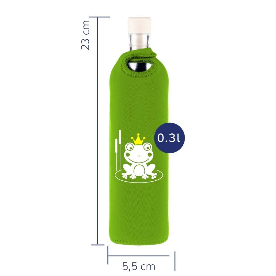 tamaños de botella reutilizable de vidrio flaska con funda de neopreno verde y diseño ranita encantada