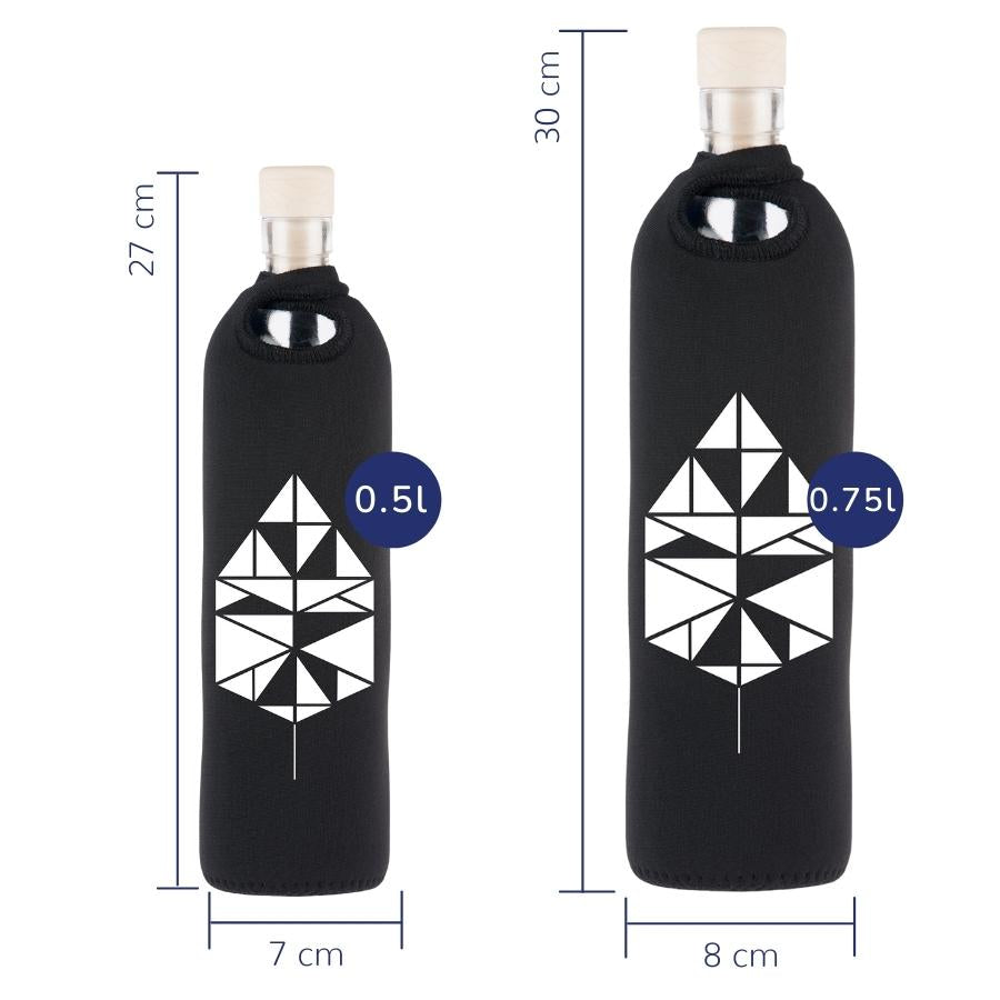tamaños de botella reutilizable de vidrio flaska con funda de neopreno negra y diseño tangram