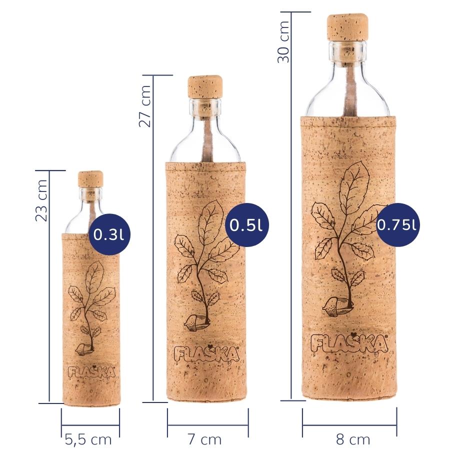 tamaños de la botella reutilizable de vidrio Flaska diseño hoja de alcornoque
