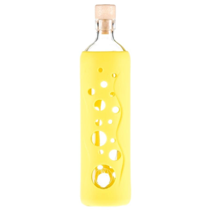 botella reutilizable de vidrio flaska con funda de silicona con agujeritos amarilla
