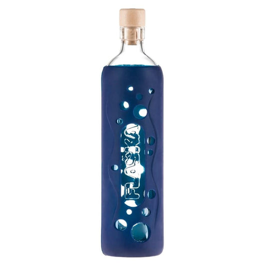 botella reutilizable de vidrio flaska con funda de silicona con agujeritos azul
