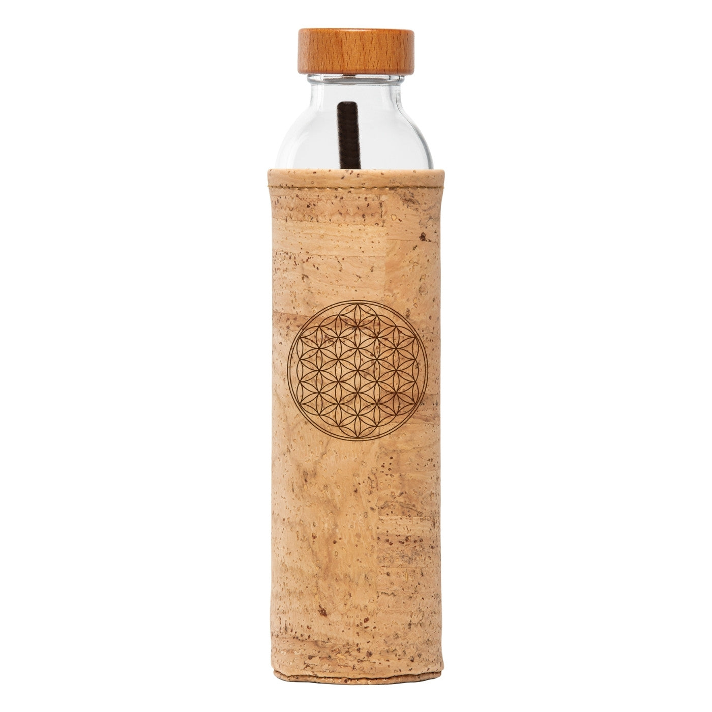 botella de agua de cristal flaska con funda de corcho y diseño flor de la vida