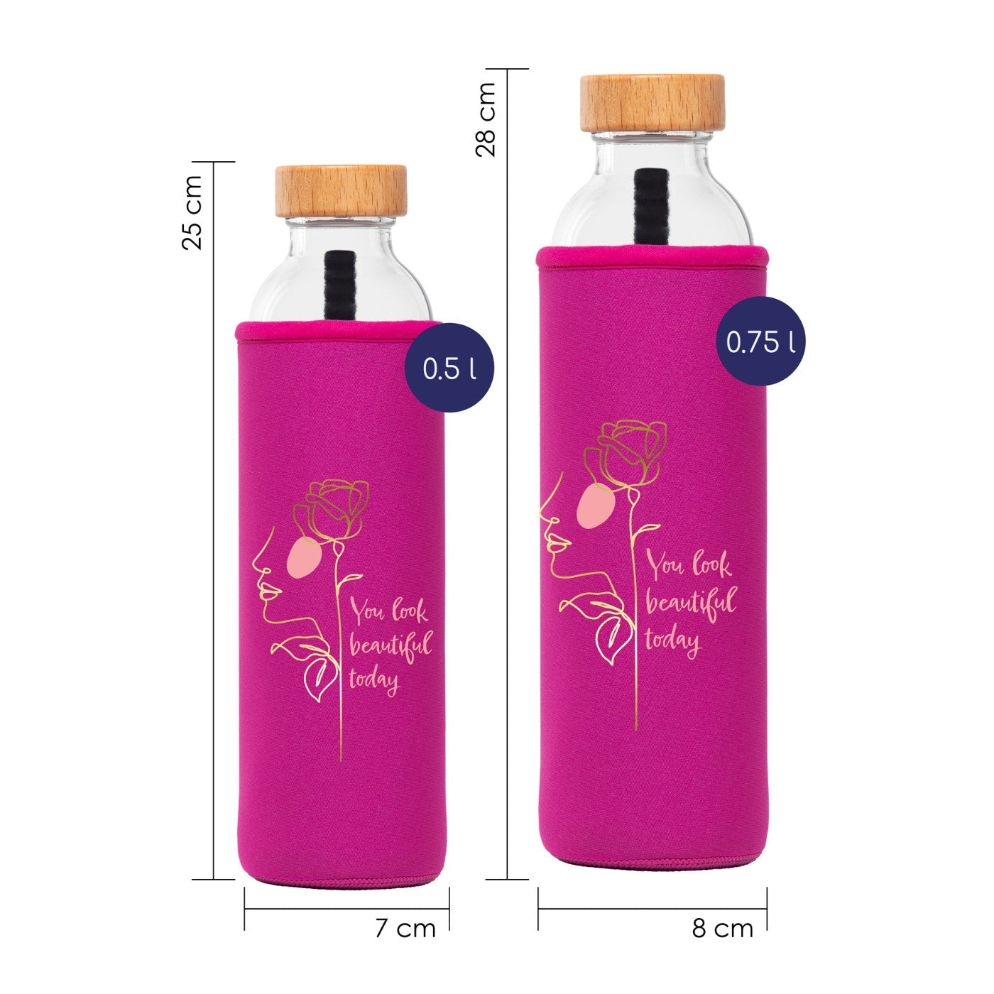 tamaños de botella de agua de cristal flaska con funda de neopreno rosa y diseño cara de mujer de perfil con flor