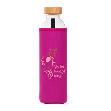 botella de agua de cristal flaska con funda de neopreno rosa y diseño cara de mujer de perfil con flor