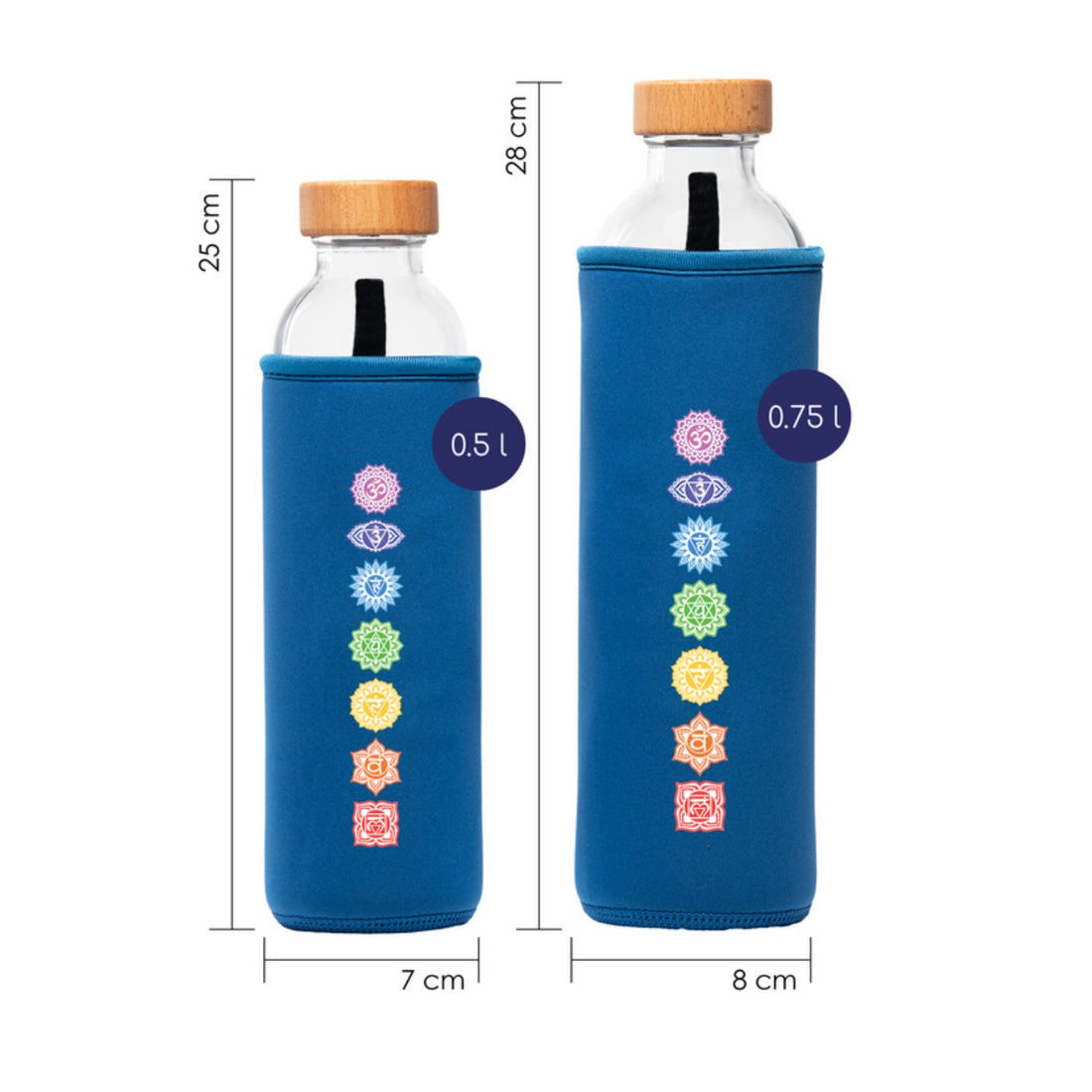 botella de agua de cristal flaska con funda de neopreno azul y diseño chakras colores