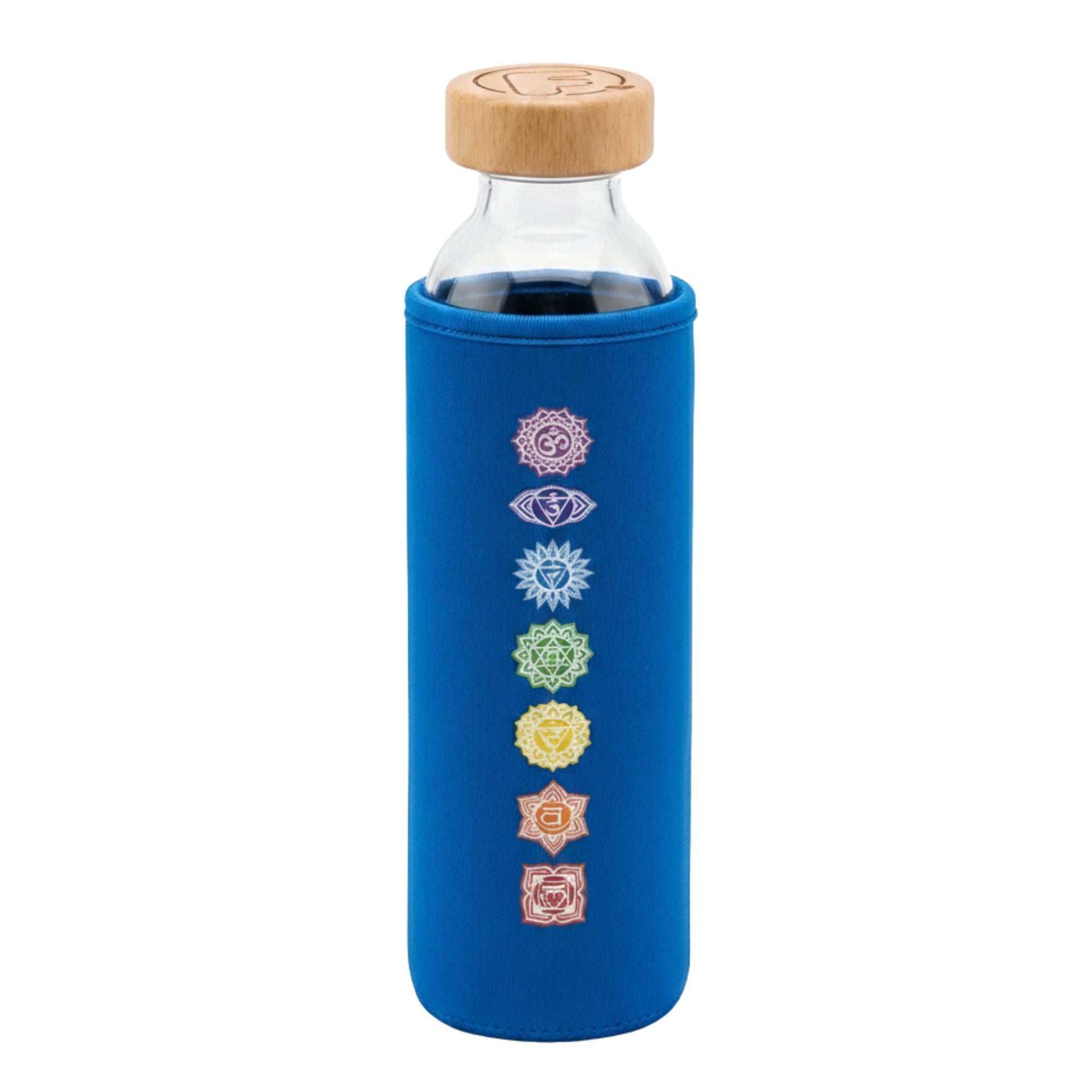 botella de agua de cristal flaska con funda de neopreno azul y diseño chakras colores