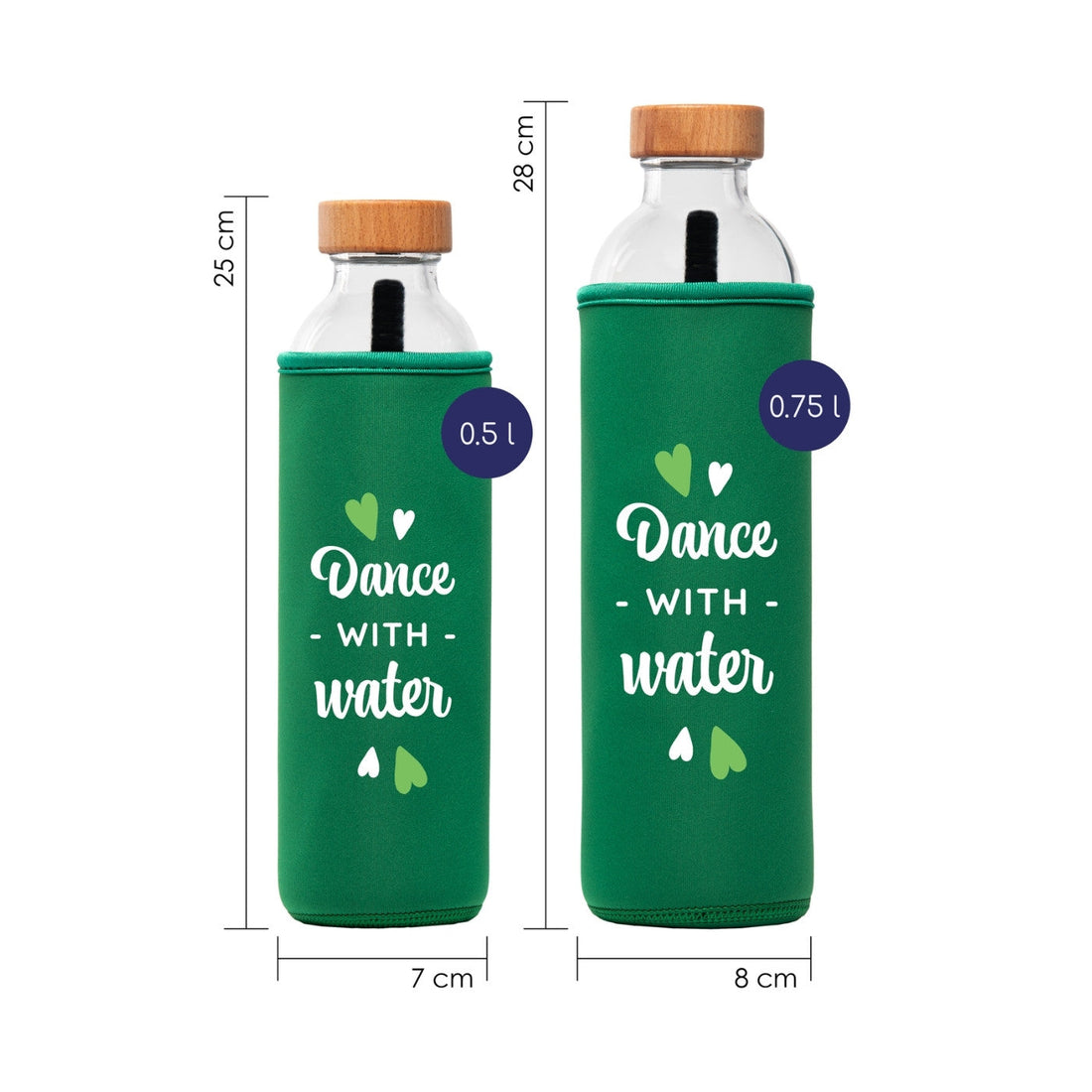 botella de agua de cristal flaska con funda de neopreno verde y diseño letras dance