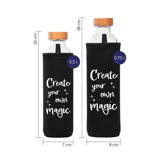 tamaños de botella de agua de cristal flaska con funda de neopreno negra y diseño letras magic