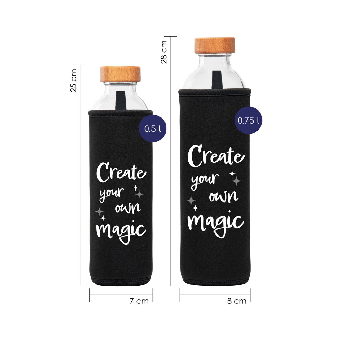 botella de agua de cristal flaska con funda de neopreno negra y diseño letras magic