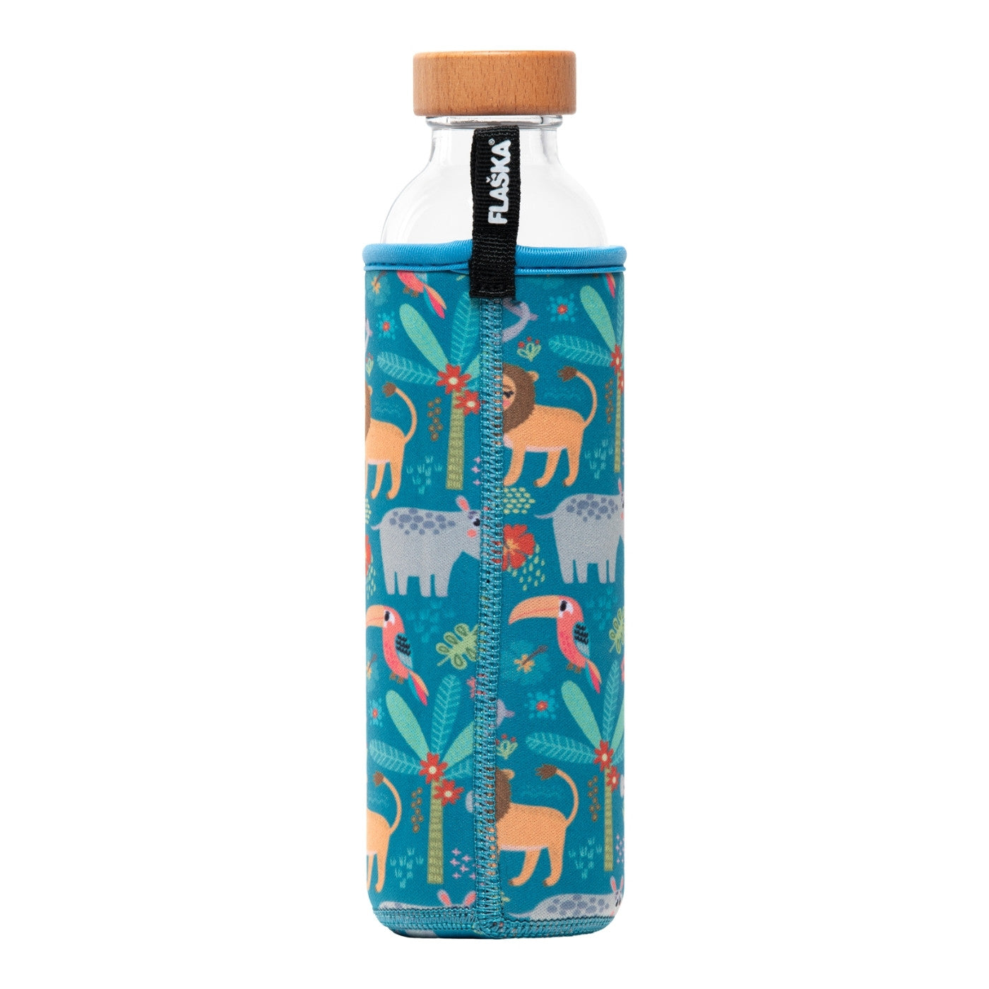 vista posterior botella de agua de cristal flaska con funda de neopreno diseño animales