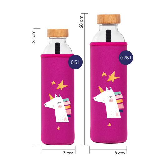 tamaños de botella de agua de cristal flaska con funda de neopreno rosa y diseño unicornio