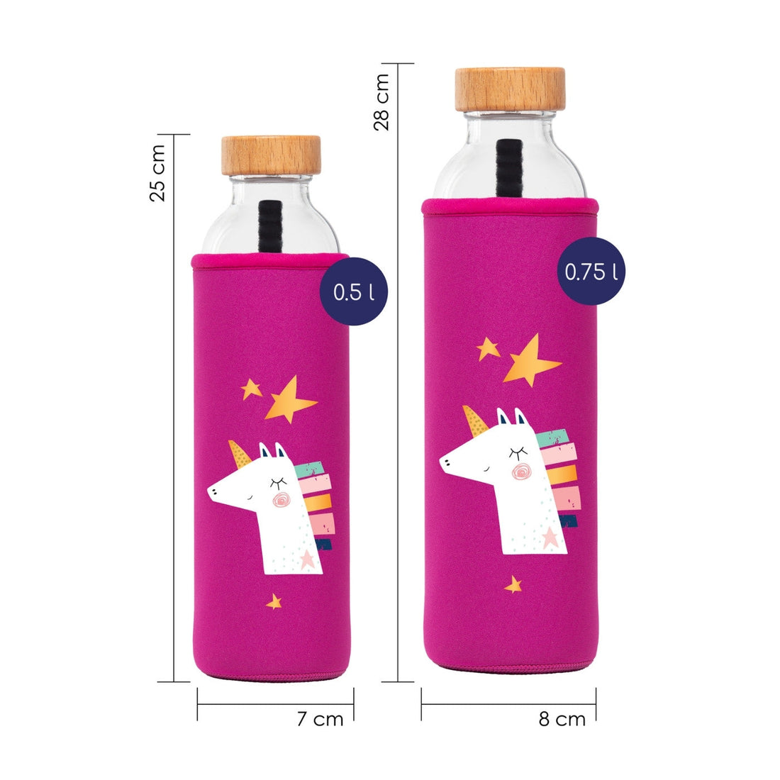 botella de agua de cristal flaska con funda de neopreno rosa y diseño unicornio