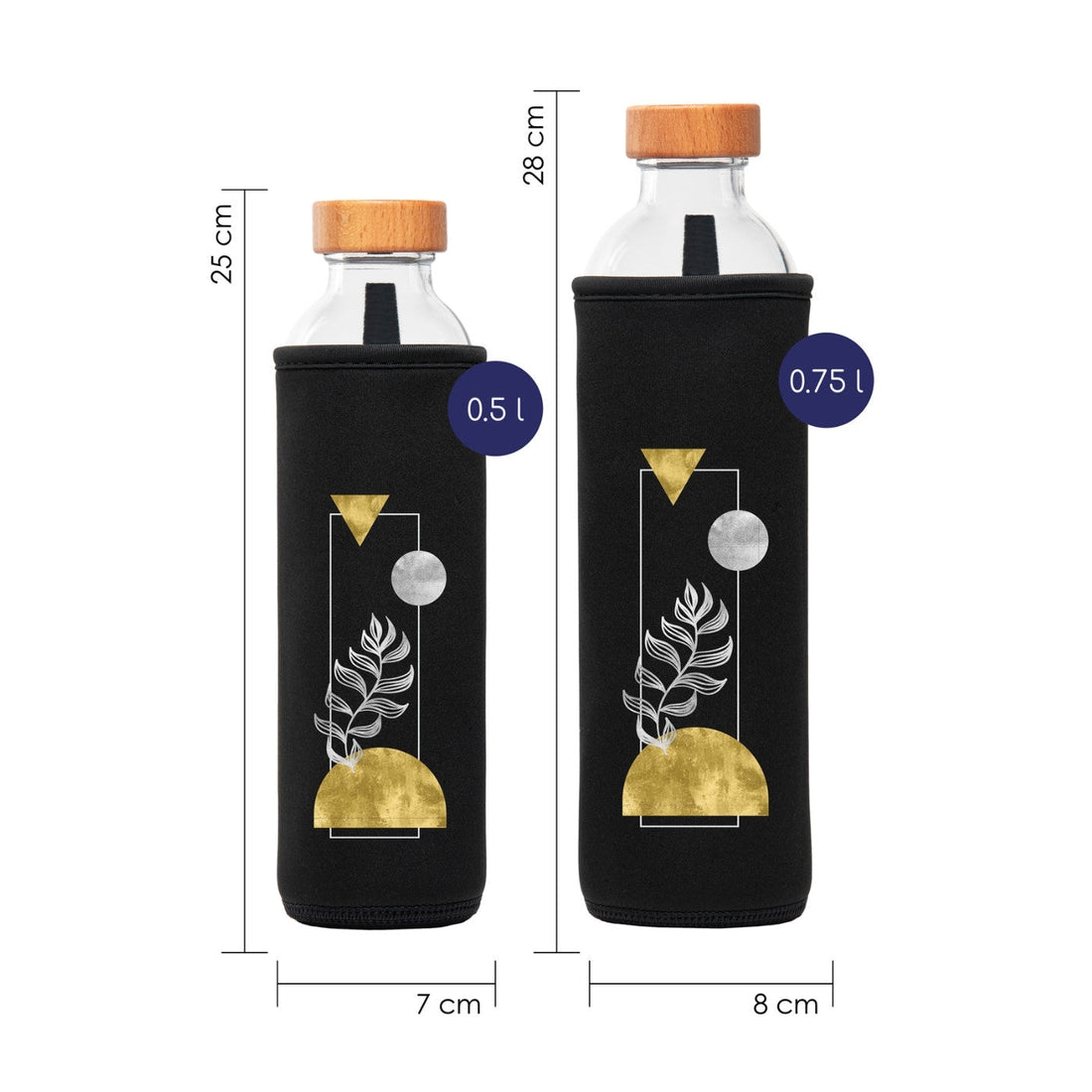 botella de agua de cristal flaska con funda de neopreno negra y diseño formas universo