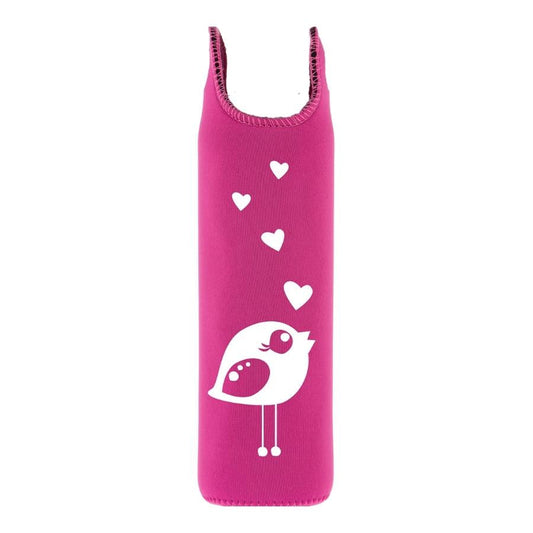funda de neopreno rosa con diseño pajarita enamorada para botella flaska