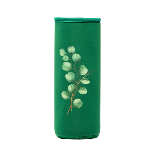 funda de neopreno verde con diseño rama con hojas para botella flaska de rosca
