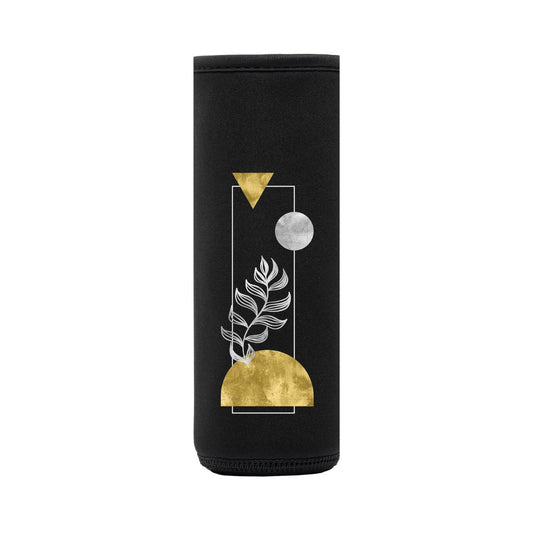 funda de neopreno negra con diseño formas geometricas para botella flaska de rosca
