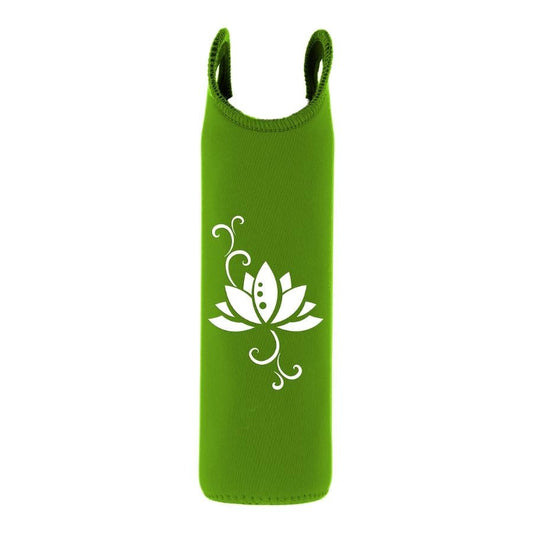 funda de neopreno verde con diseño flor de loto para botella flaska